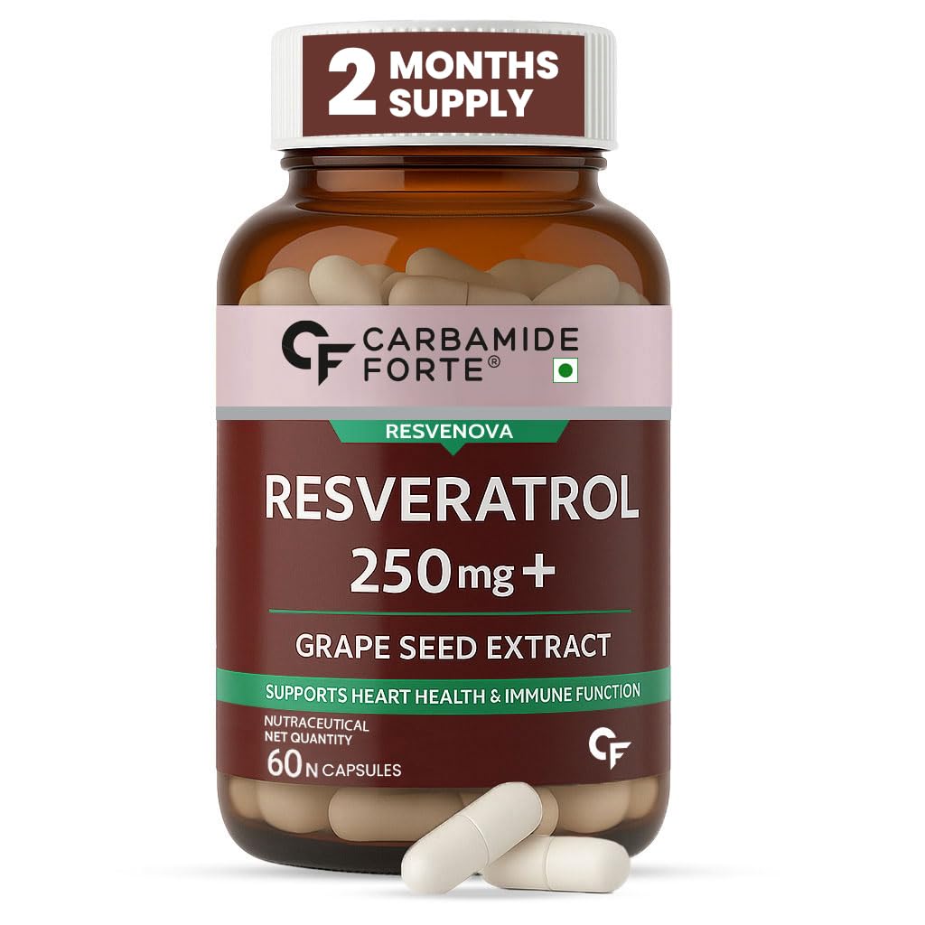 Carbamide Forte Resveratrol 250mg with Grape Seed Extract | Pharma Grade Resveratrol Supplements for Max Absorption - 60 Veg Capsules