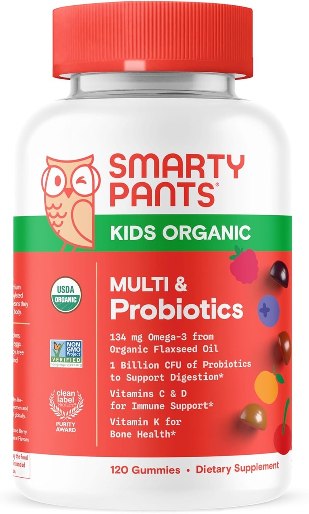 SmartyPants Organic Kids Multivitamin Gummies: Probiotics, Omega 3 (ALA), Vitamin D3, C, Vitamin B12, B6, A, K & Zinc for Immune Support, Biotin, Three Fruit Flavors, 120 Count (30 Day Supply)