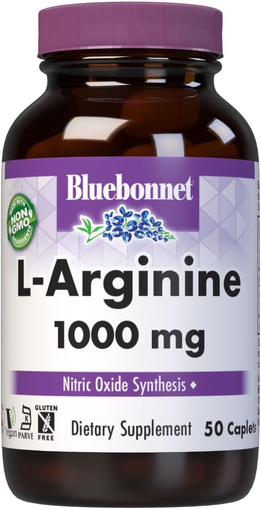 Bluebonnet Nutrition L-Arginine 1000mg, Free-Form Amino Acid, Nitric Oxide Precursor, Gluten-Free, Non-GMO, Kosher Certified, Vegan, 50 Caplets, 50 Servings