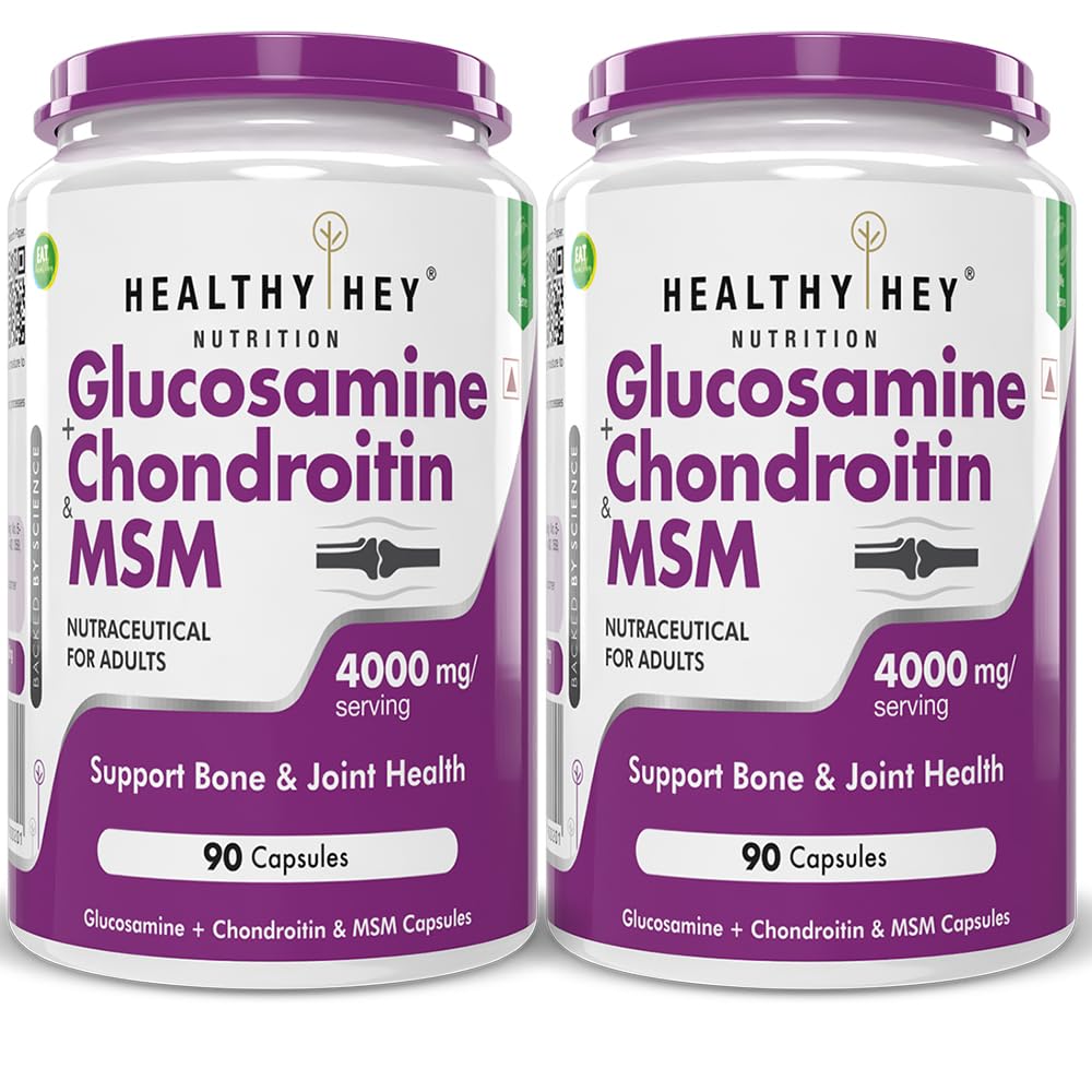 HealthyHey Nutrition Double Strength Glucosamine Chondroitin and MSM for Cartilage; Joint and Bone; 90 Capsules (4000 mg) - Pack of 2
