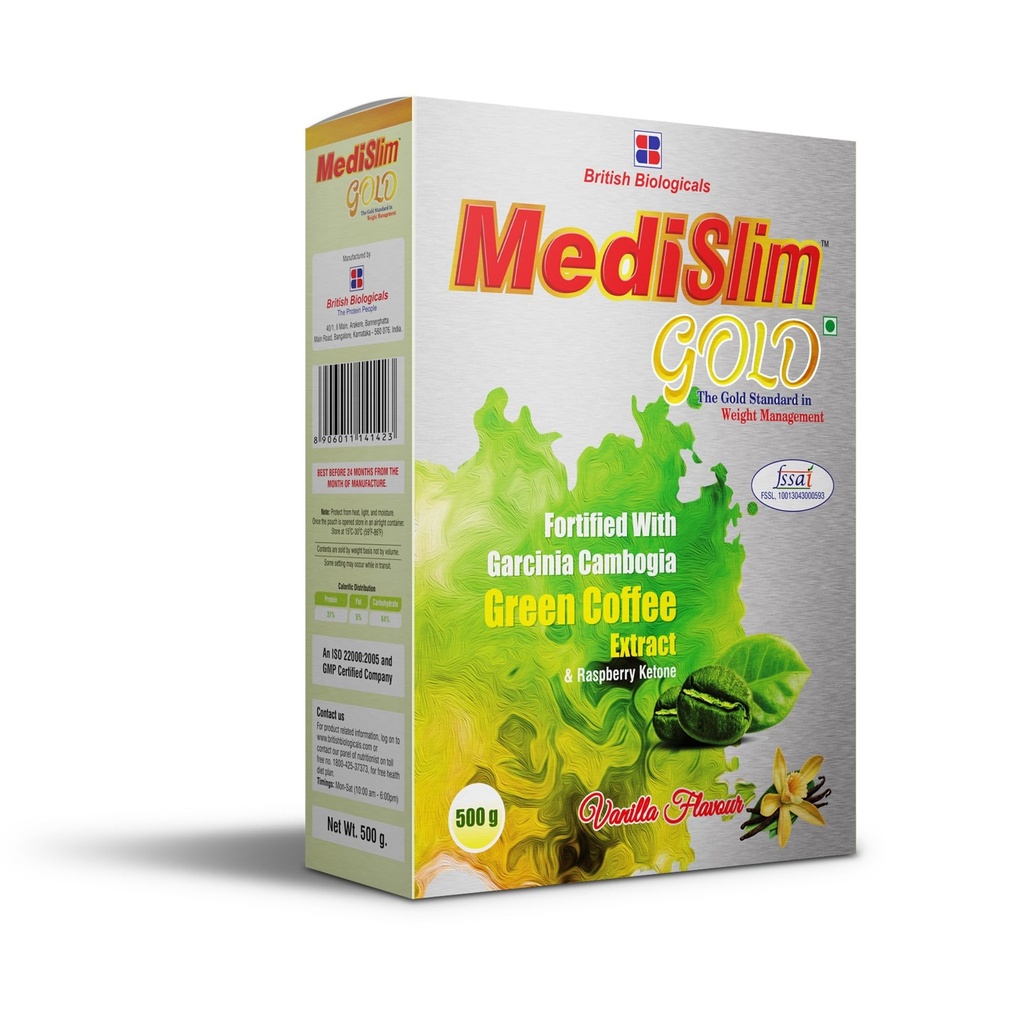 British Biologicals Medislim Gold | Advanced Weight Management Meal Replacement | High Protein, Low Fat & Sugar Free | With Essential Vitamins & Minerals | Garcinia Cambogia, Raspberry, Ketone | 500g Pack