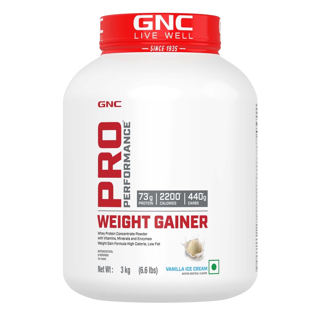 GNC Pro Performance Weight Gainer | 3kg | 73g Protein & 2200 Calories for Muscle Growth | 400g Carbs for Post-Workout Recovery | Reduces Muscle Breakdown & Boosts Endurance | Vanilla Ice Cream