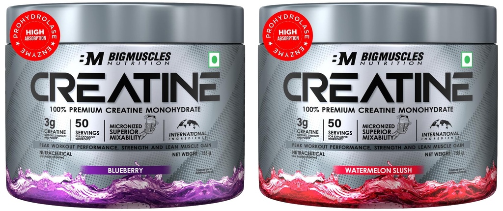 Bigmuscles Nutrition Creatine 155G Blueberry | 50 Servings | Powder Muscle Recovery & Strength & Bigmuscles Creatine 155G Watermelon Slush | 50 Servings | Muscle Recovery & Strength Combo