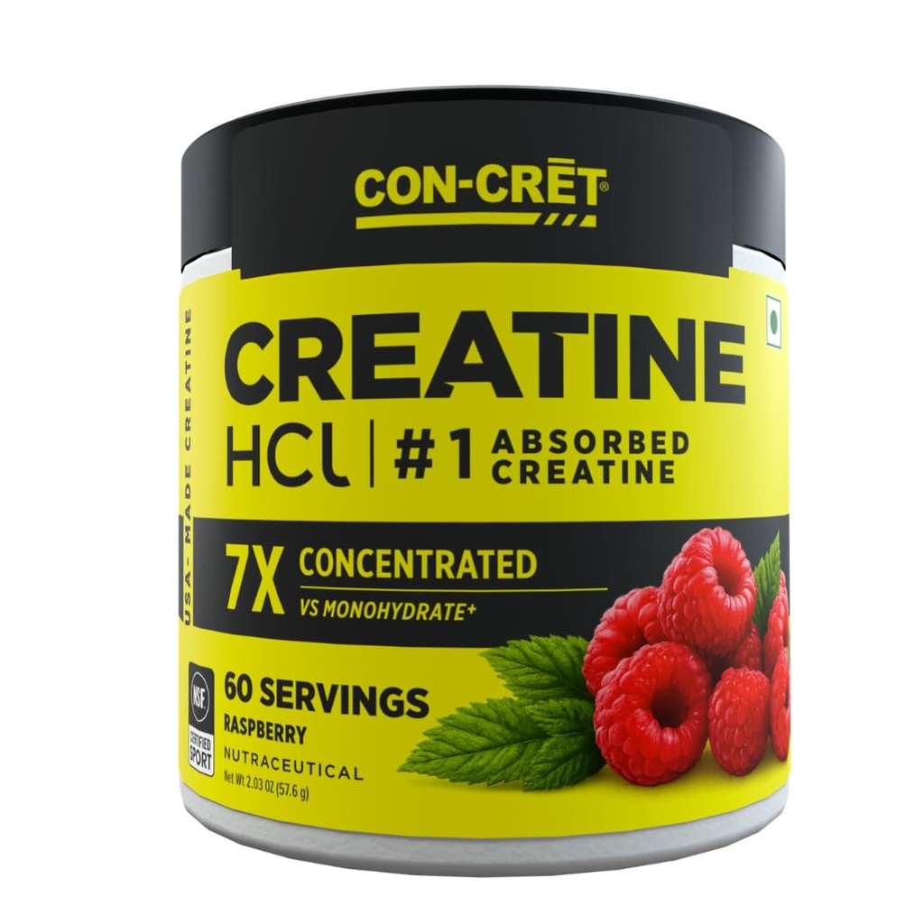 CON-CRET Concentrated Creatine HCL - supports Muscle, Cognitive, Cellular Energy | No Bloating or Cramps | USA Made & NSF Certified | 60 Micro-dosed servings | Raspberry Flavour (57.6gms)