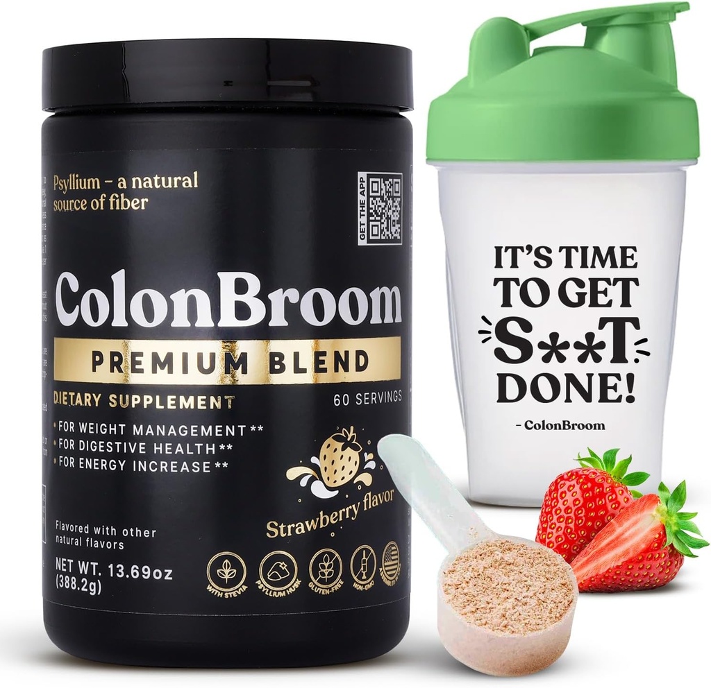 ColonBroom Premium Psyllium Husk Powder (Strawberry, 60 Servings) + Shaker Bottle for Colon Broom Fiber Powder Drink Bundle - Colon Cleanse for Bloating Relief & Gut Health - Fiber Powder Supplement