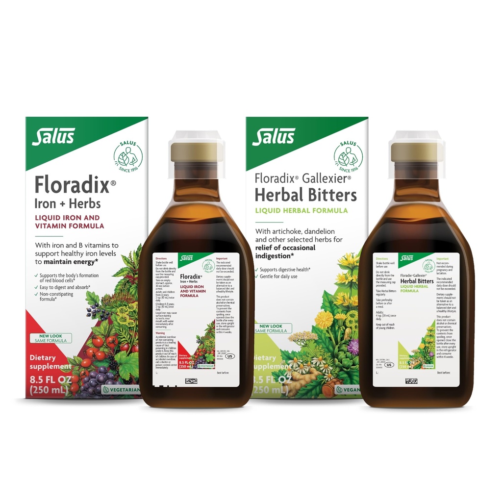 Floradix by Salus Gallexier Herbal Bitters (8.5 oz) & Iron & Herbs (8.5 oz) Bundle - Herbal Bitter for Digestive Support* - Iron Supplement for Healthy Energy Support*