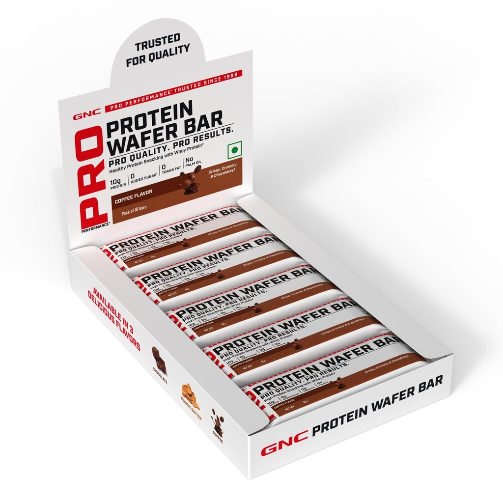 GNC Protein Wafer Bar l Pack of 10 | Healthy & Tasty Bites l 10g Pure Whey Protein Snack l High Protein Wafer Bars l Coffee l 0 Trans Fat l 0 Sugar l No Palm Oil