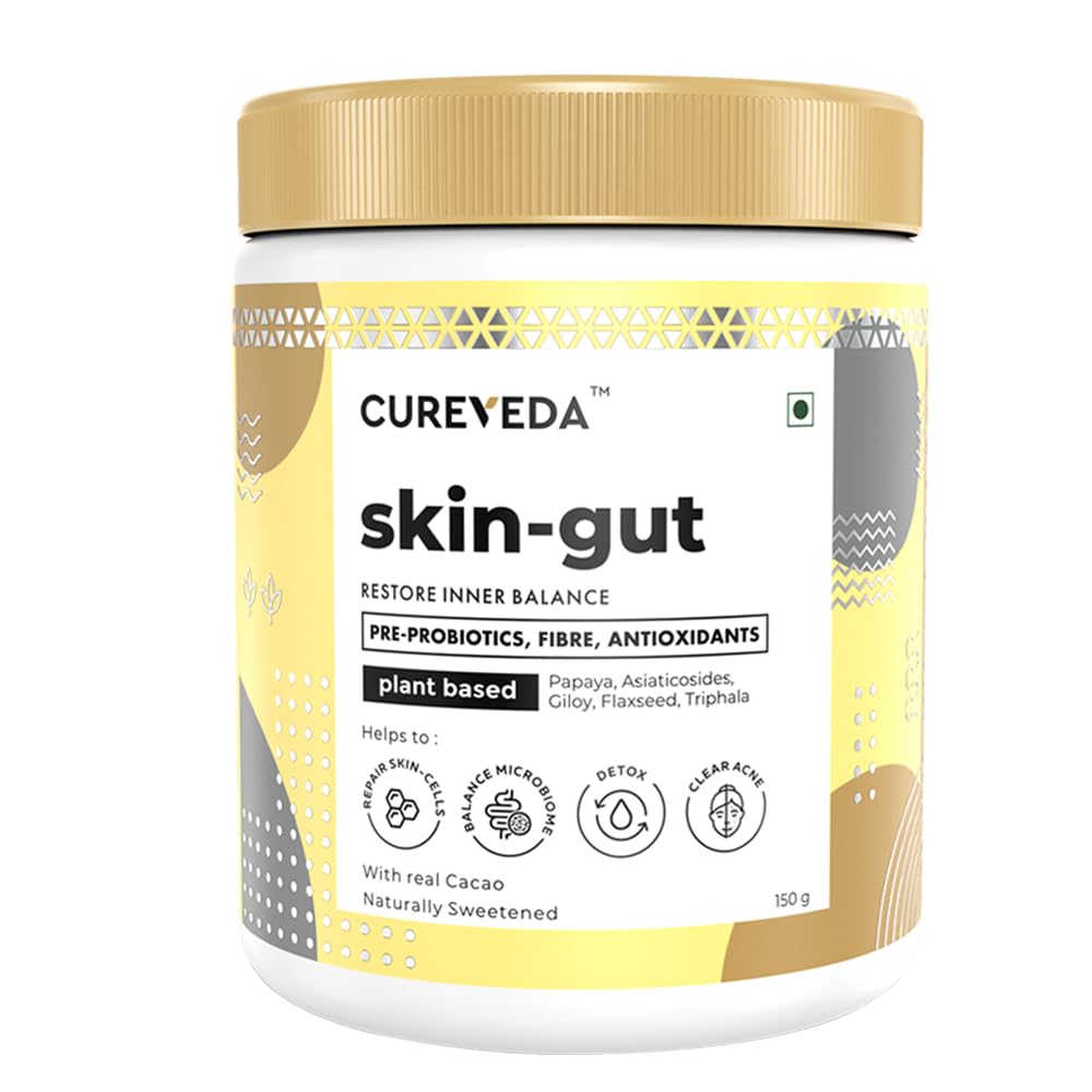 Cureveda SkinGut Pre & Probiotic Powder for Clear Skin | Supports Acne Control | Gut Health| Skin Detox | Plant-Based Formula with Antioxidants | No Added Sugar & Artificial Flavour(150 gm)