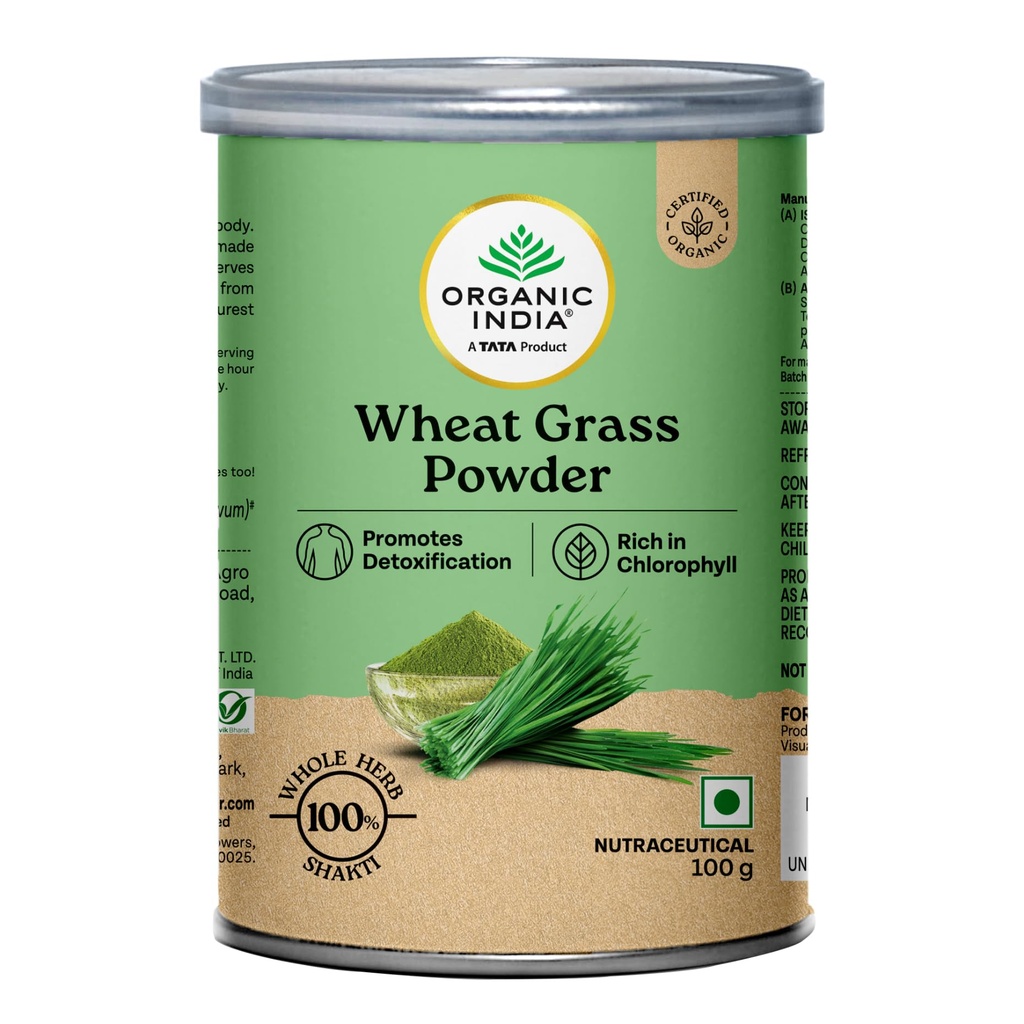 A TATA Product - Organic India Wheat Grass - 100g, Supports Immunity & Boosts Stamina, Rich in Natural Antioxidants, Vitamins & Minerals, For Detox, Overall Well-Being, GMP & NPOP Certified Organic