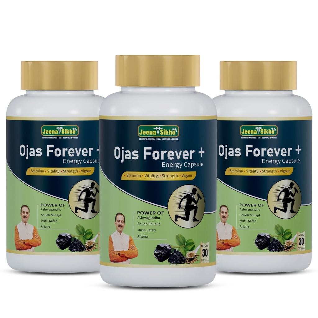 Jeena Sikho Ojas Forever+ | Ayurvedic Herbal Energy Capsule with Ashwagandha & Shatavari | Supports Daily Wellbeing & Herbal Wellness Routine | 30 Capsules, Pack of 3
