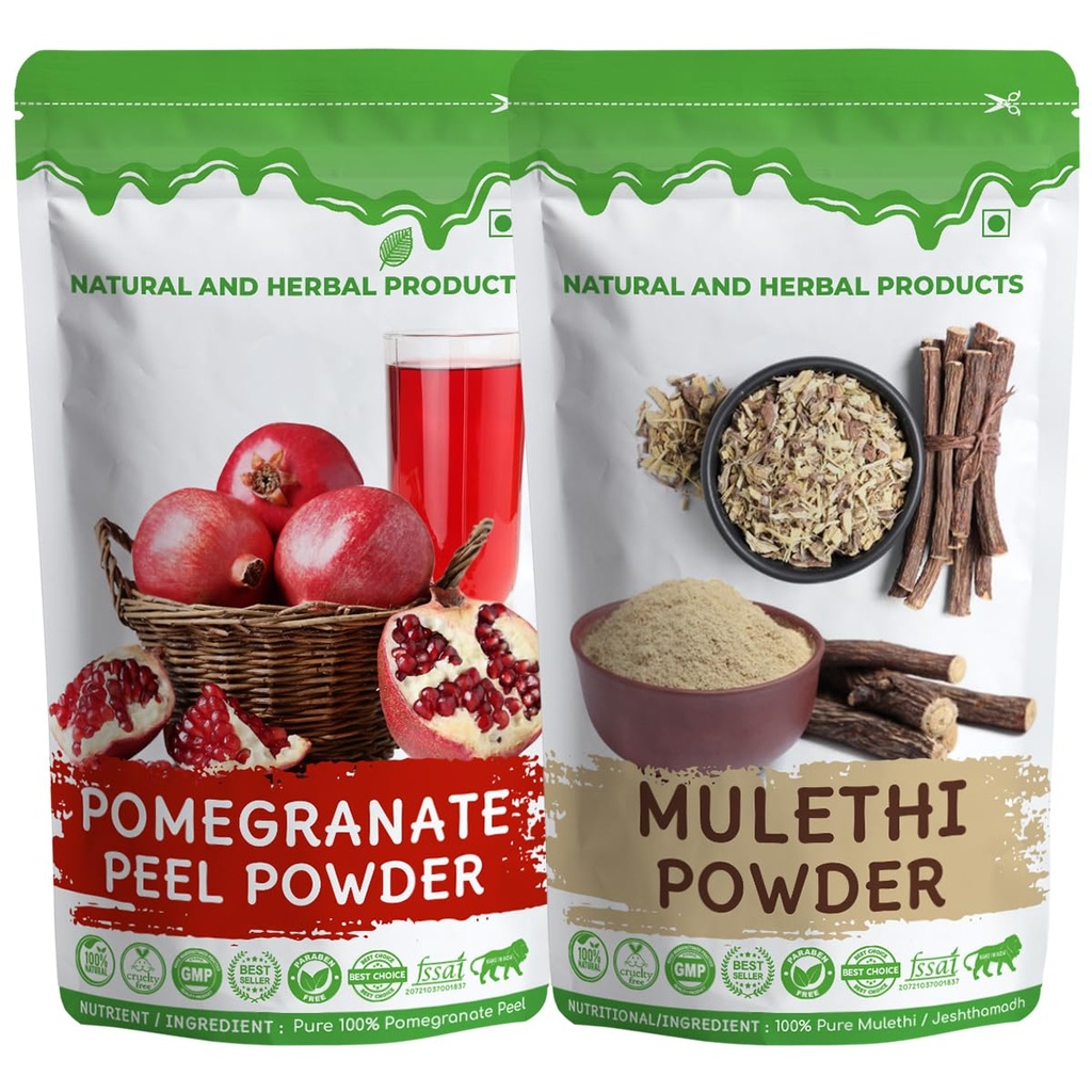 Combo Pack Pomegranate Powder For Face And Hair And Mulethi Powder(Jeshthamadh) Powder For Skin & Hair Care + Pomegranate Powder Organic Edible And Liquorice(Mulethi) Root Powder For Skin & Hair Care