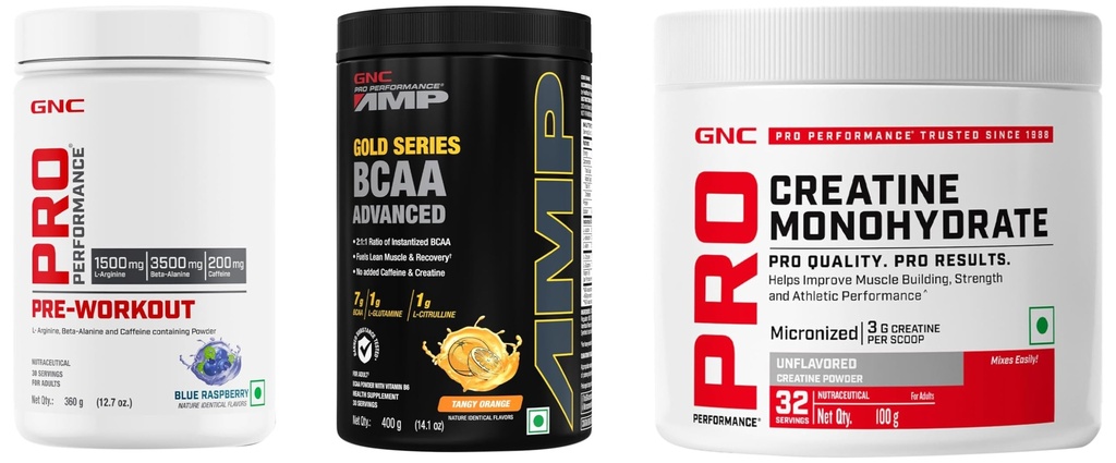 GNC Pro Performance Pre-Workout | 360 gm | Blue Raspberry + AMP Gold Series BCAA Advanced | 400 gm | Tangy Orange + Creatine Monohydrate | Unflavoured | 100gm (Combo Pack)