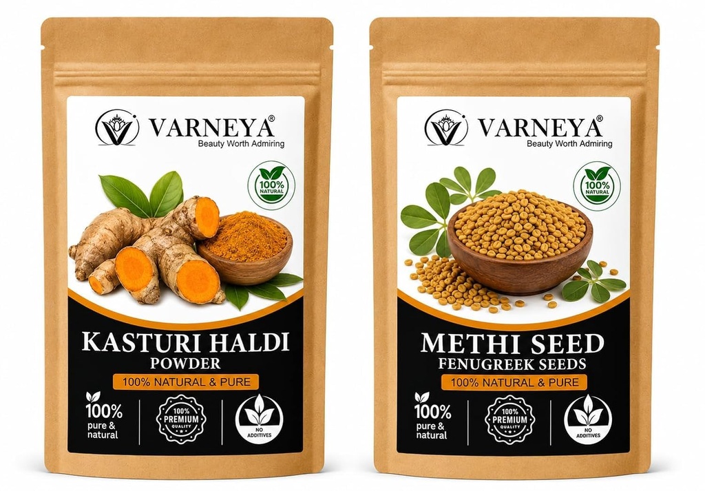 Naturals Organic Kasturi Haldi (Wild Turmeric) Powder 100g + Methi Seed Powder 100g Combo | 100% Pure Natural Ayurvedic Herbal Powders | Chemical-Free | For Face Pack, Hair Care & Skin Care | No Preservatives (Pack OF 4)