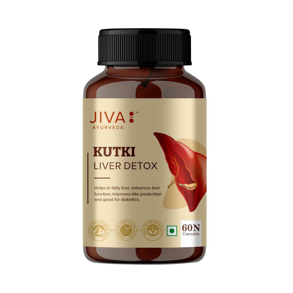 Jiva Ayurveda Kutki Capsule 60 Capsules | Ayurvedic Liver Detox Supplement for Liver Cleanse | Ayurvedic Support for Fatty Liver, Body Purification, Immunity Booster | Made by Kutki Powder for Liver - (Pack of 1)