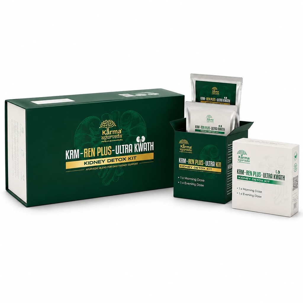 Karma Ayurveda KRM-Ren Plus Ultra Kwath Kidney Detox Kit | 28 Ayurvedic Herbs with Gokshura, Punarnava & Varun | Developed by Dr. Puneet Dhawan | Morning & Evening Dose 15 Days Kit