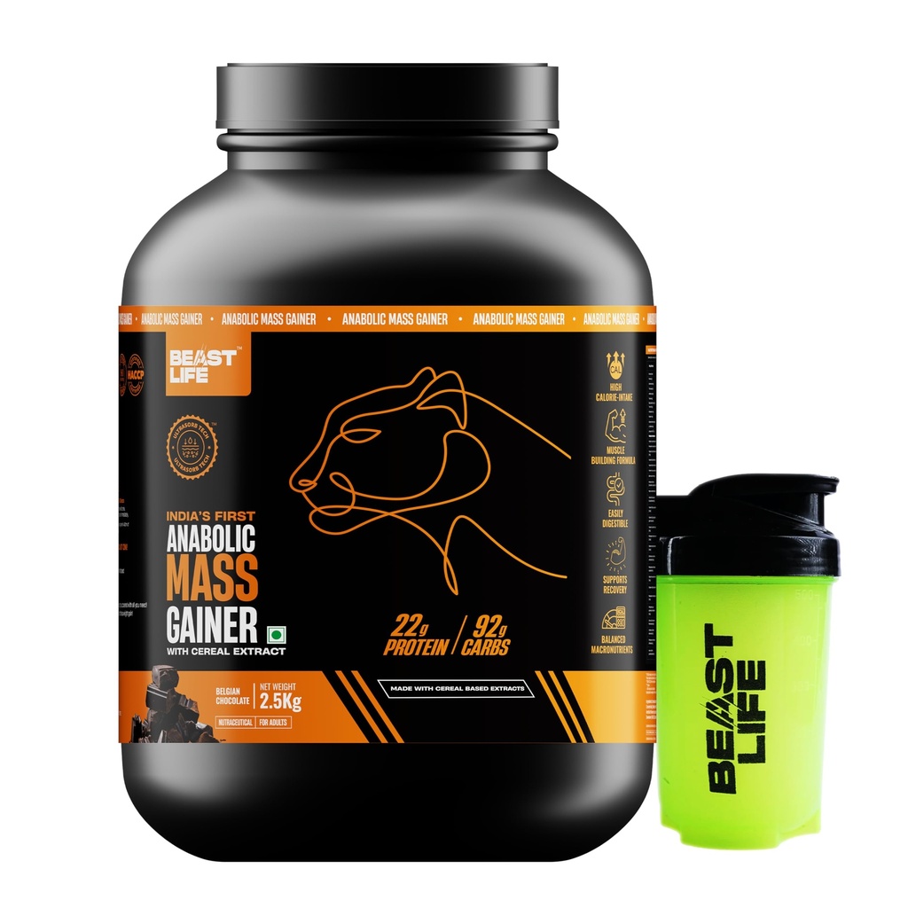 Beast Life High Protein Mass/Weight Gainer | 2.5 KG | Belgian Chocolate with Free Shaker | NABL LAB Tested | For Muscle Gain & Fast Growth | Cereal-Based Formula, No Maltodextrin | India's #1 Cereal Based Bulk Gainer