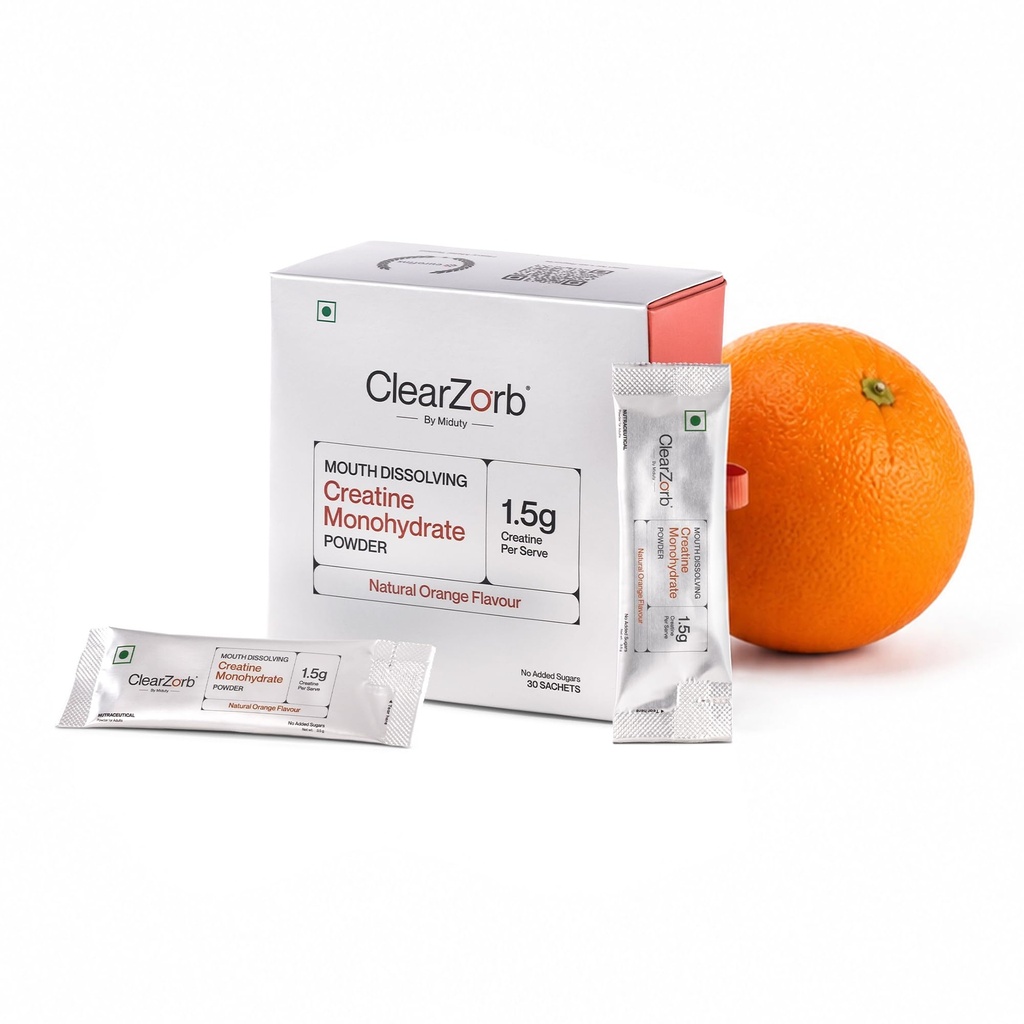 ClearZorb by Miduty Creatine Monohydrate | World's First Mouth Dissolving Creatine | Supports Muscle Strength & Brain Function | 3g Daily | Fast Absorption | Natural Orange | 30 Sachets