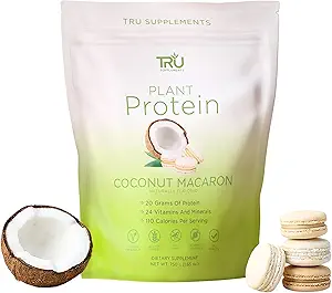 TRU Supplements Plant Based Protein Powder, BCAA, EAA, 20g Vegan Brown Rice & Pea Protein, 100 Calories, 27 Vitamins, No Artificial Flavors 25 Servings (Coconut Macaron)