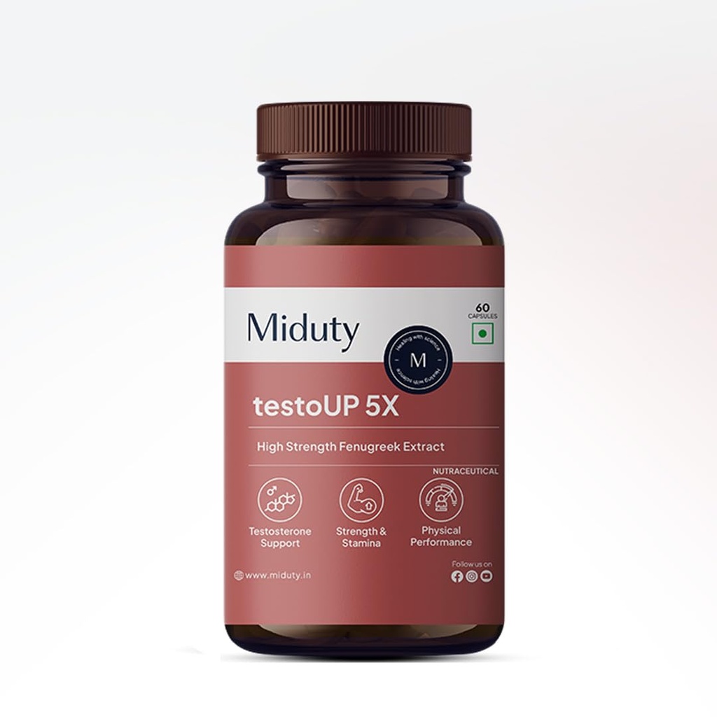 Miduty testoUP 5X Testosterone Booster for Men with Fenugreek, KSM-66 Ashwagandha, Gokhru & Boron | Men’s Health Supplement for Energy, Strength & Vitality | 60 Veg Capsules