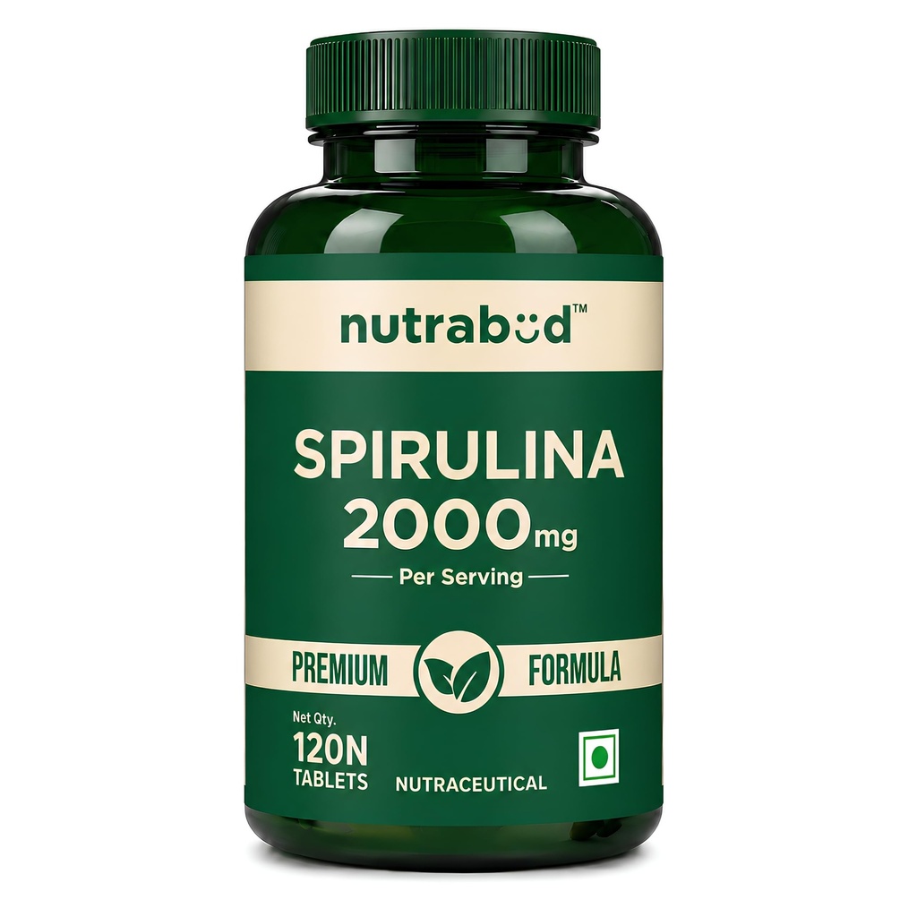 Nutrabud Spirulina Tablets 2000mg per Serving - 120 Veg Tablets - For Women, Men - Preservative & Additive Free (120 Count (Pack of 1))