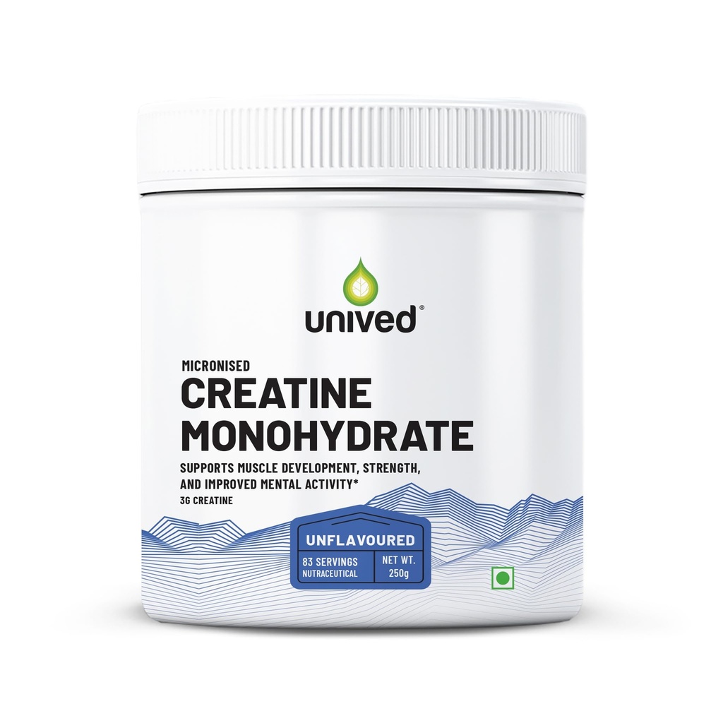 Unived Micronised Creatine Monohydrate Powder – 250g (83 Servings) | 100% Pure, Unflavoured | Supports Strength, Power & Muscle Recovery
