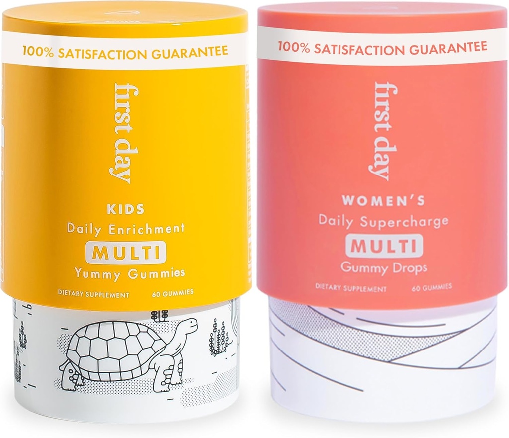FIRST DAY Multivitamin Gummies Bundle for Women & Kids – Vitamins A, B, C, D & K + Folate, Magnesium, Zinc, Biotin & More – Made w/Organic Fruits & Veggies, Only 2g Sugar – 2-Pk, 30 Day Supply Each