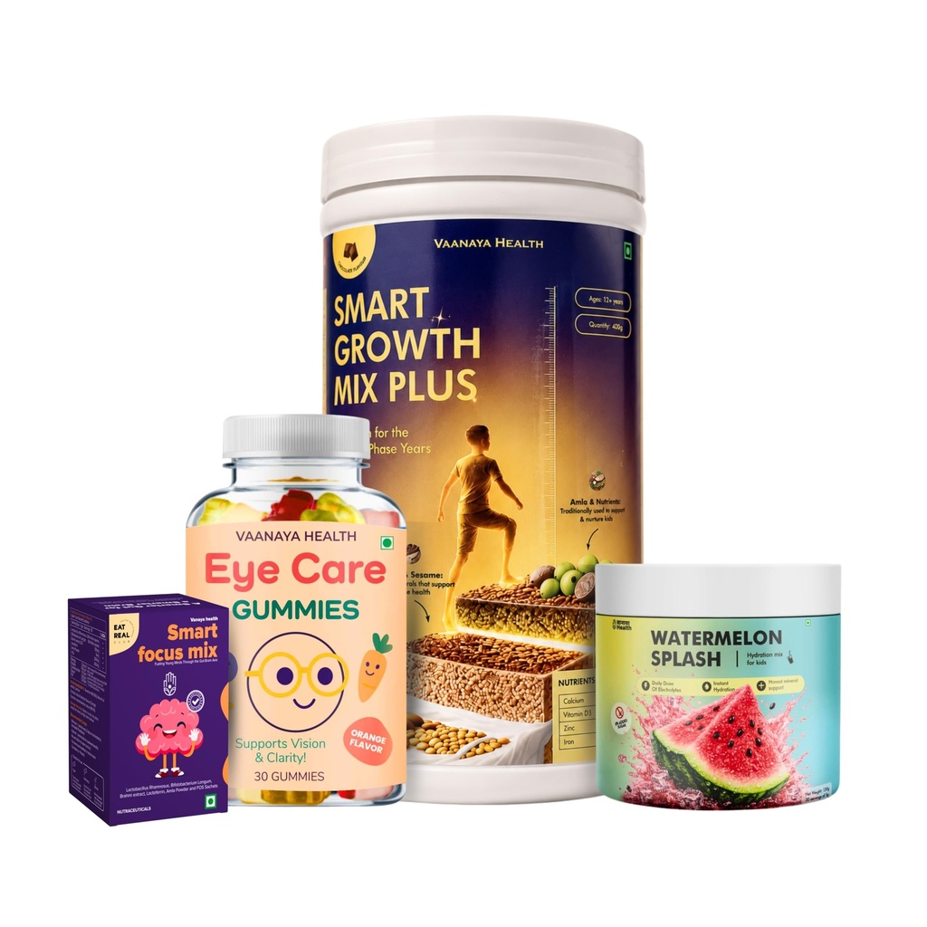 Kids Wellness Combo | Eye Care Gummies, Smart Focus Mix, Smart Growth Mix Plus for 12+ Years & Watermelon Splash Hydration Mix | Eye, Brain, Growth & Hydration Support