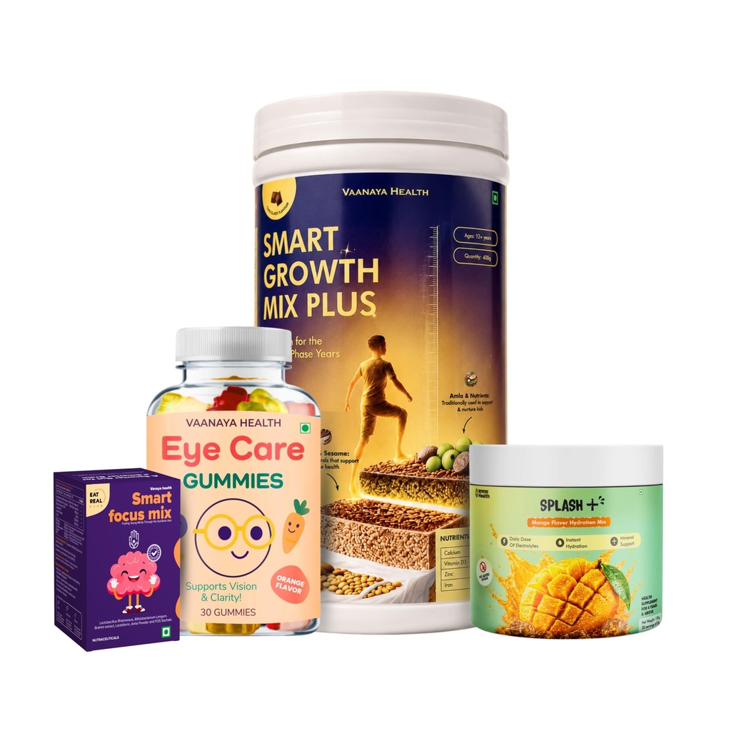 Kids Wellness Combo | Eye Care Gummies, Smart Focus Mix, Smart Growth Mix Plus for 12+ Years & Mango Splash Hydration Mix | Daily Eye, Brain, Growth & Hydration Support