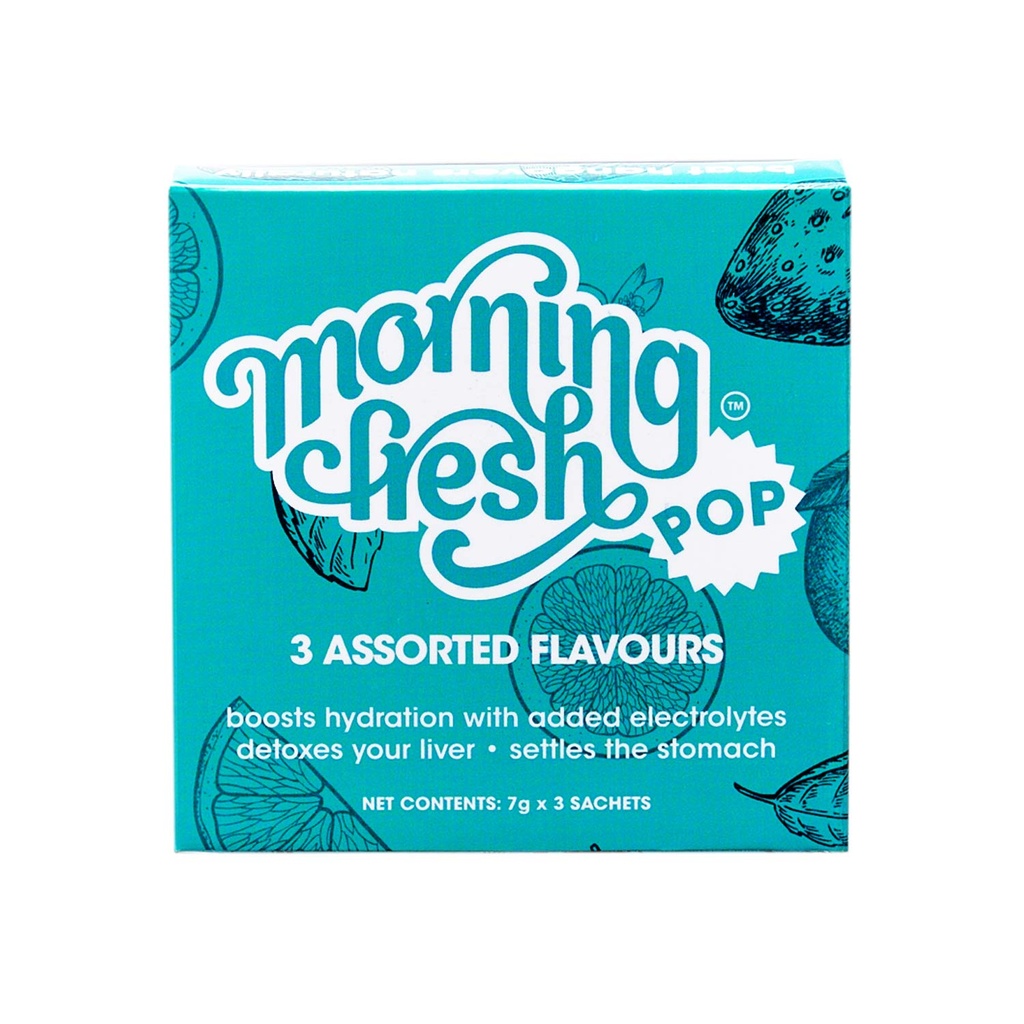 Morning Fresh Anti Hangover Cure and Liver Protection POP Sachet - (ASSORTED Flavors, 3 Sachets in 1 Box) Boosts hydration | Reduces hangovers | Effervescent mix with Vitamin-C, Mulberry Leaf extract & Proteins| No Caffeine & Sugar | |Clinically Proven|Easy-to -carry | Your last drink of the night to wake up fresh.