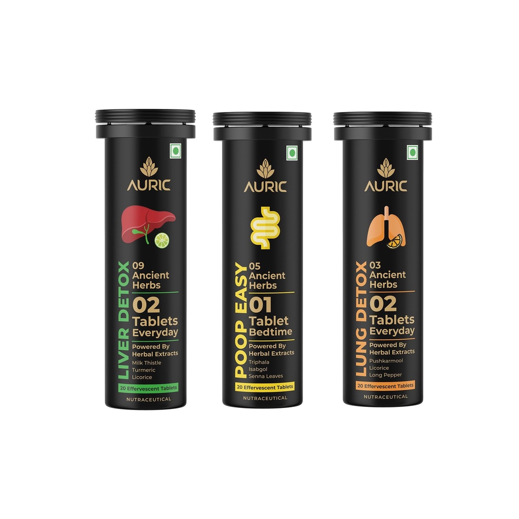 Auric Liver Detox with Lung Detox & Poop Easy 20 Tablets Each