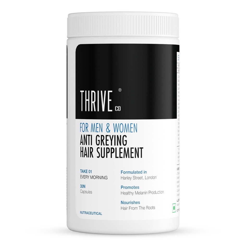 ThriveCo Melanin Tablets for Grey Hair for Men and Women, 30 Capsules | Multi Vitamin Hair Greying Tablets | Delays Premature Greying | Restores Natural Hair Pigment | Nourishes Hair | 100% Drug-Free