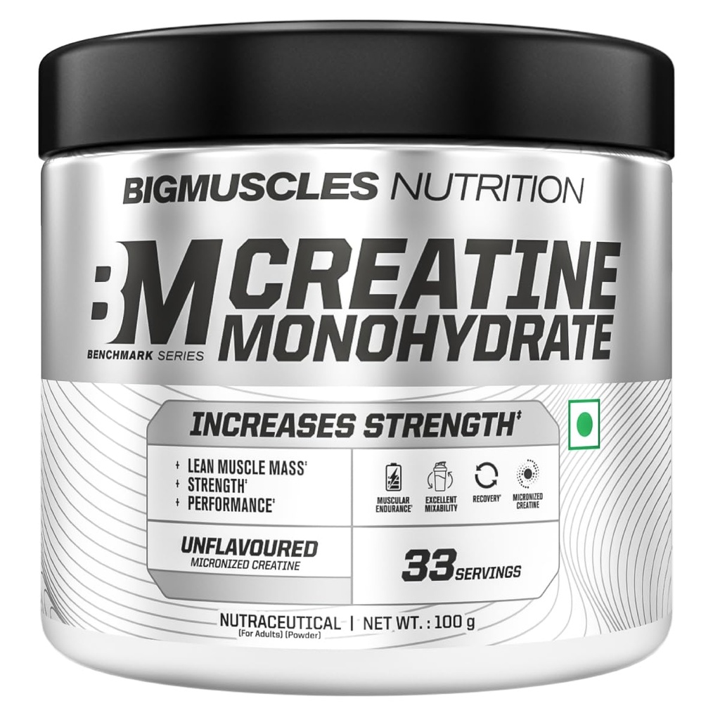 Bigmuscles Nutrition Creatine Monohydrate [33 Servings, Unflavoured] | Micronised Creatine Powder For Enhanced Muscle Strength With Rapid Absorption [100g] | Benchmark Series