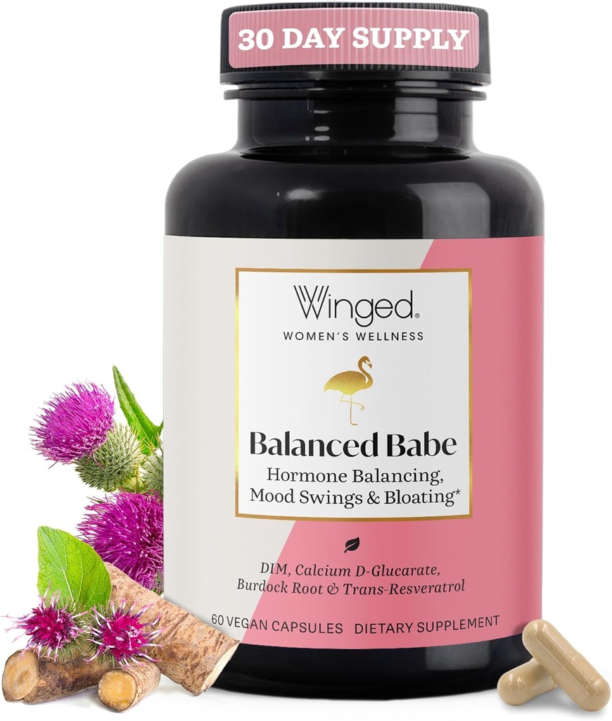 Winged Wellness Balance Babe, Hormone Balance & Estrogen Detox Supplement for Women - 100mg DIM & Calcium D-Glucarate & Milk Thistle for PMS Bloating, Cramps, Mood & Hormonal Acne Support, 60 Capsules