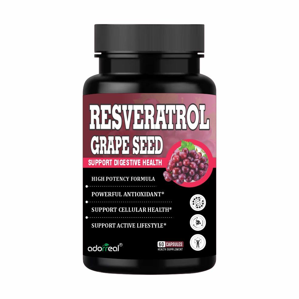 Resveratrol Grape Seed Supplement, 60 Capsules, High Potency Antioxidant Formula for Heart Health and Immunity Support