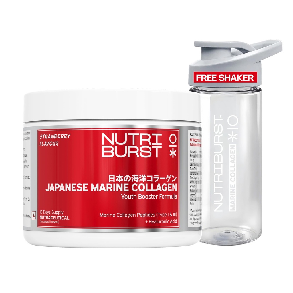 Nutriburst Japanese Marine Collagen Powder (Type I & III), 200g with 300ml Bottle | For Skin, Hair, Nails & Joints | Strawberry Flavour | High Absorption Collagen for Men and Women | Pack of 2