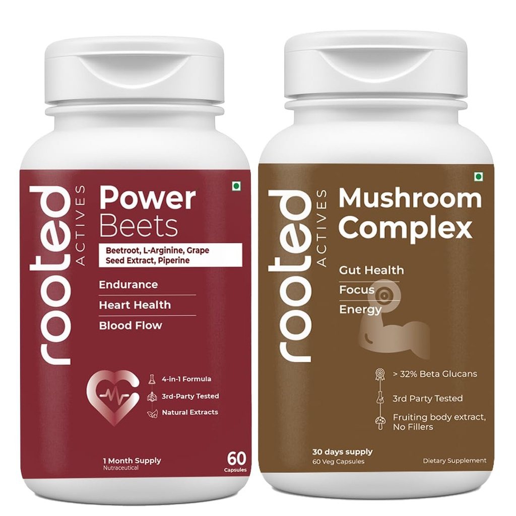 Rooted Actives Energy & Wellness Combo | Power Beets + Mushroom Complex | Blood Flow, Heart Health, Gut Health, Focus & Daily Energy | 60 Veg Capsules Each