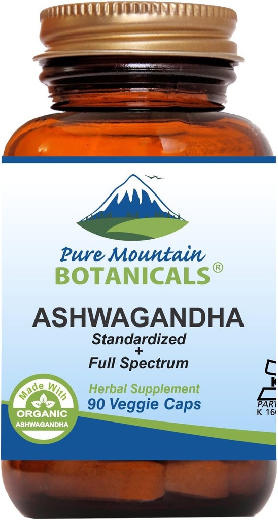 Pure Mountain Botanicals Ashwagandha Capsules - 90 Kosher Vegan Caps with 475mg Organic Ashwagandha Root & Potent Ashwagandha Extract