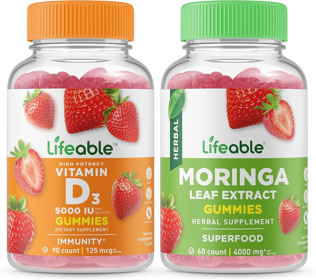 Lifeable Vitamin D 5000 IU + Moringa Leaf, Gummies Bundle - Great Tasting, Vitamin Supplement, Gluten Free, GMO Free, Chewable Gummy