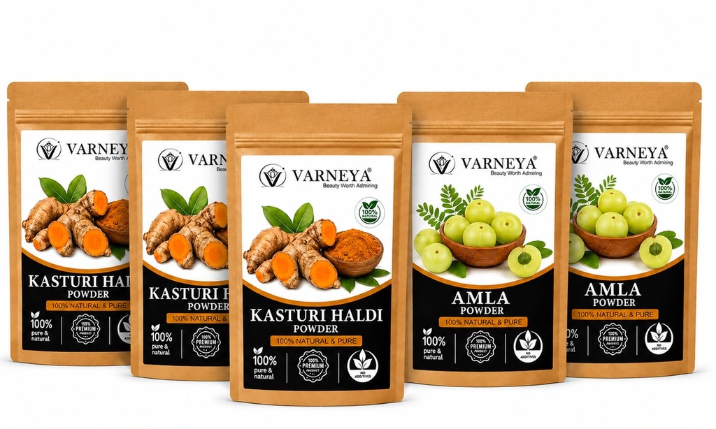 Naturals Organic Kasturi Haldi (Wild Turmeric) Powder 100g + Amla Powder 100g Combo | 100% Pure Natural Ayurvedic Herbal Powders | Chemical-Free | For Face Pack, Hair Care & Skin Care | No Preservatives (Pack OF 5)