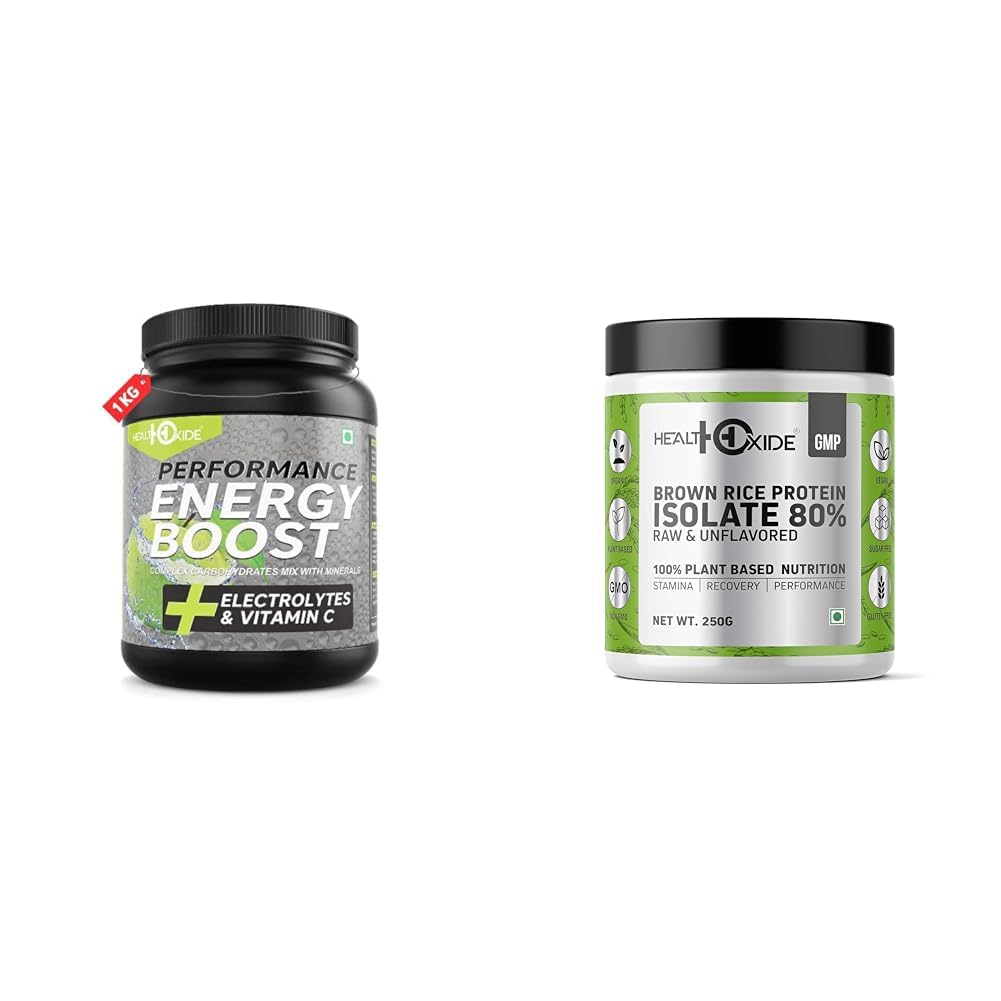 HealthOxide Extra Power Advance Performance Energy Boost Electrolyte Powder | Green Apple Flavour | HealthOxide Brown Rice Protein Isolate 80% | Unflavoured Vegan Plant Protein Powder | Gluten-Free,