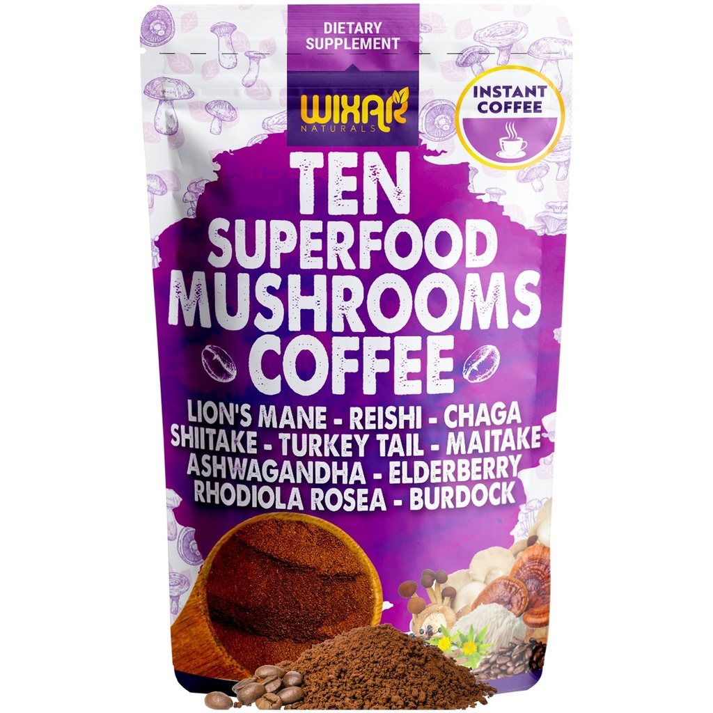 WIXAR Superfood Mushroom Coffee - Instant Coffee Powder, Ten Superfood Extracts with Lion's Mane, Turkey Tail, Reishi, Chaga, Shiitake, Ashwagandha, Rhodiola Rosea, Elderberry, 5oz Mushroom Supplement