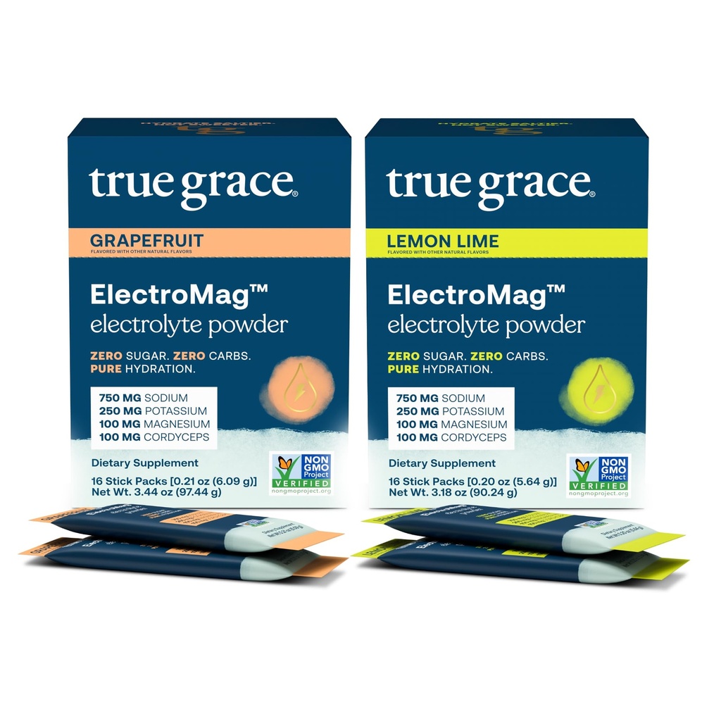 True Grace ElectroMag - Grapefruit (16 Stick Packs) + Lemon Lime (16 Stick Packs) - Electrolyte Powder for Rapid Hydration - Zero Sugar & Carbs - Non-GMO - 32 Total Servings