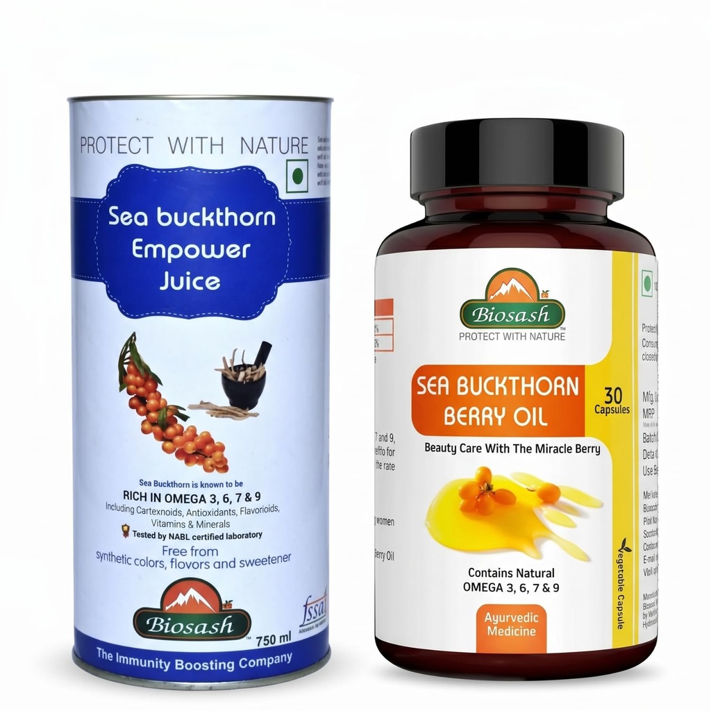 Biosash Sea Buckthorn EMPOWER Juice 250ml (50 Serves) + Berry Oil Capsules 30 Caps Combo pack of Omega 3 6 7 9, Antioxidant-Rich, With Ashwagandha & Herbal Extracts | No Added Sugar & Daily Immunity