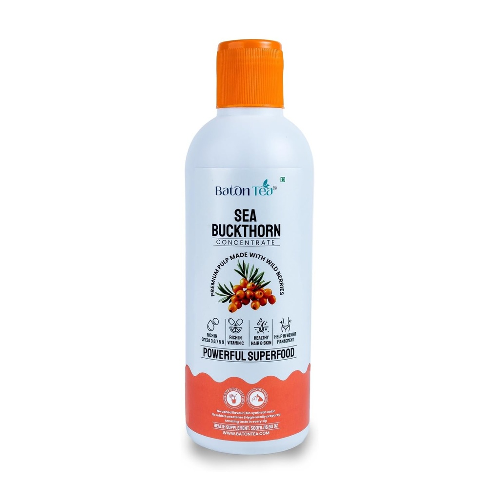 Baton Tea Himalayan Sea Buckthorn Pulp Juice 500ml | Cold-Pressed | Natural Vitamin C, Omega 3 6 7 9, Antioxidants | Immunity, Skin Glow & Gut Health Support | No Added Sugar | Lab Tested |Pack Of 1