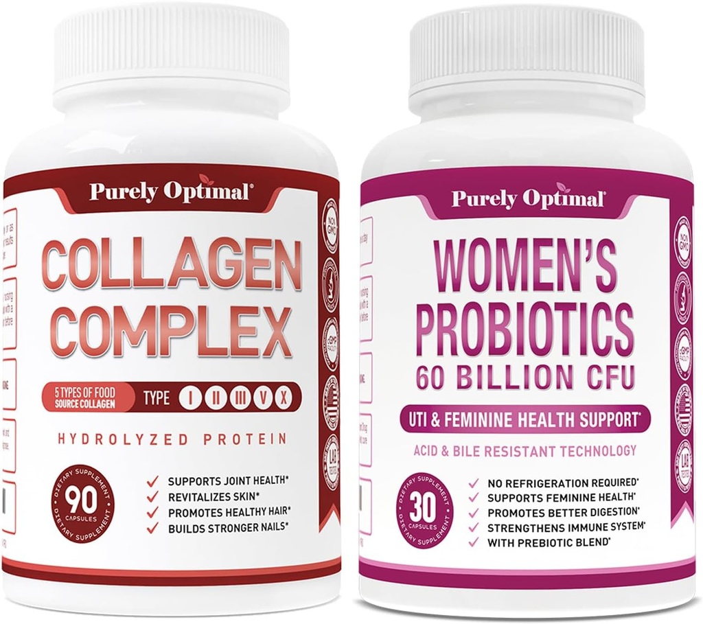 Purely Optimal Premium Multi Collagen Peptides Capsules (Types I, II, III, V, X) + Premium Probiotics for Women - 60 Billion CFU, Dr. Formulated Prebiotics & Probiotics for Women