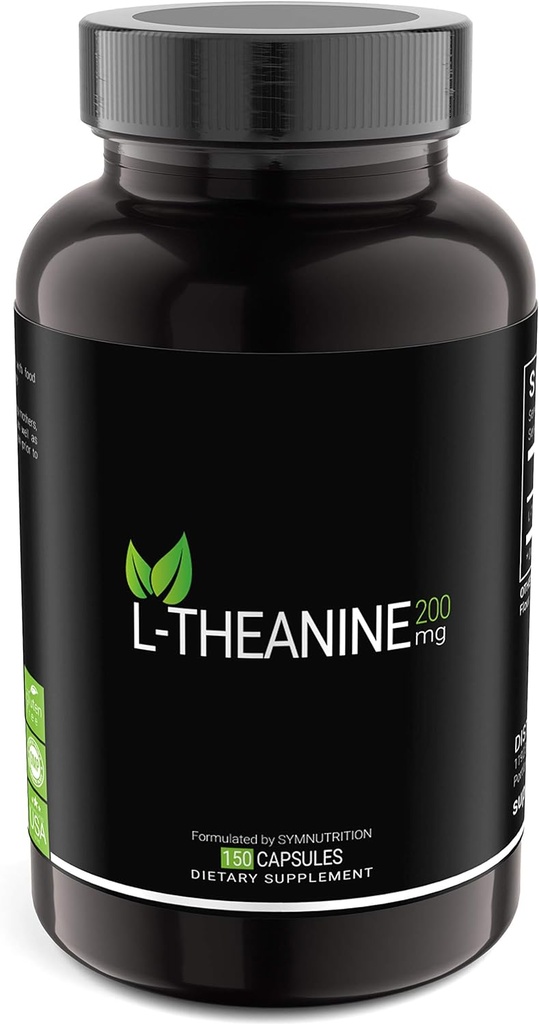 SYMNUTRITION L-Theanine 200mg — 150 Count (V-Capsules) / 150 Servings Manufactured in a cGMP-Registered Facility in USA; Non-GMO, Vegan & Gluten Free