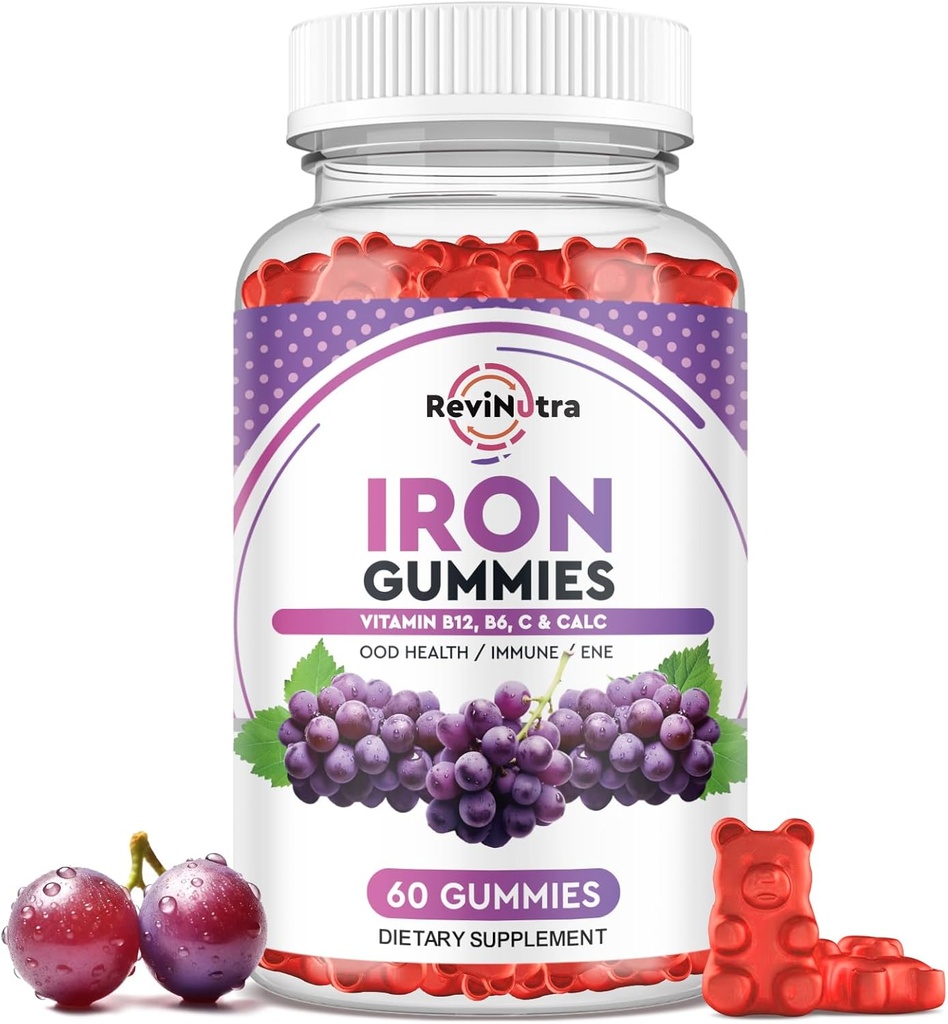 Iron Gummies - with Calcium, Zinc, Folate & Vitamin B12, C, B6 for Adults & Kids - Blood Builder & Energy Support for Iron Deficiency, Anemia, Vegan - Grape Flavour,60 Gummies