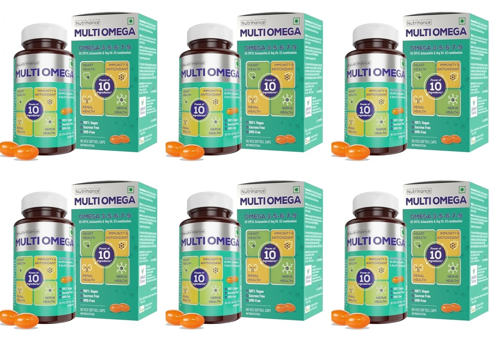 Multiomega 100% Vegan Omega Softgel|Omega 3-5-6-7-9,Vitamin D3|Support Heart,Nerve & Renal Health|Strengthens Immunity & Antioxidant Effect,60 capsules X Pack Of 6,6 count