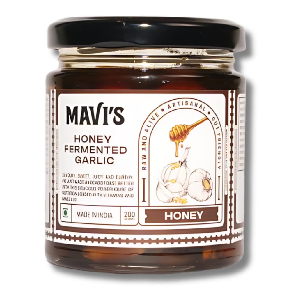 MAVI's Honey Fermented Garlic | 4 Month Fermented | Organic Garlic Pods and Wild Raw Honey | No Preservatives, Artificial Flavour, Colour or Sweetener | 200g | Pack of 1