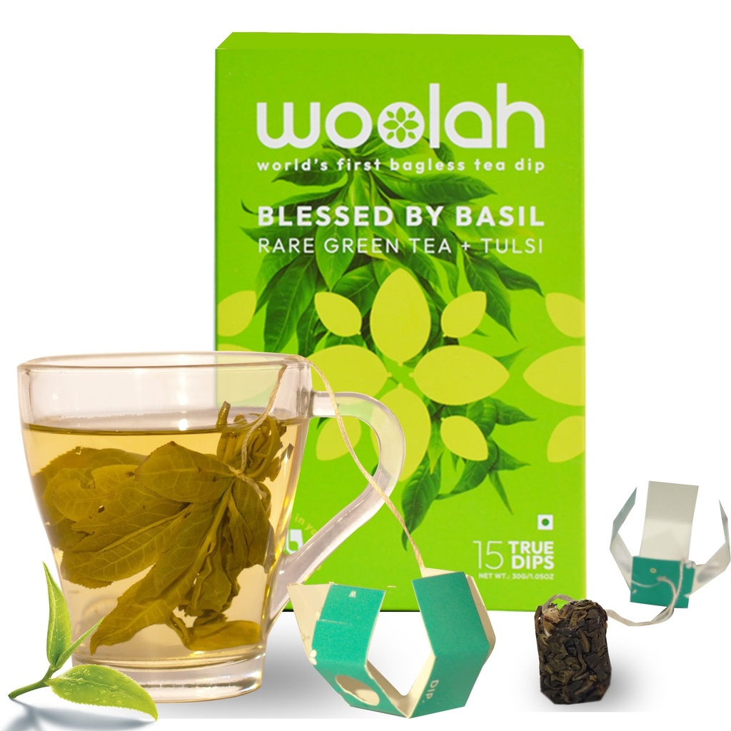 Woolah Rare Assam Green Tea With Tulsi | Bagless Whole Leaf Green Tea Dips | Naturally Grown | Rich in Antioxidants | Clean & Refreshing | Plastic-Free Brewing (15 Dips / 30 Cups)